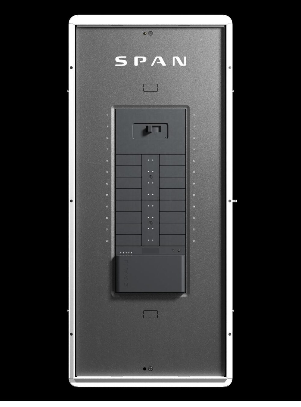 SPAN smart panel with door open showing the 24-circuit breaker interface